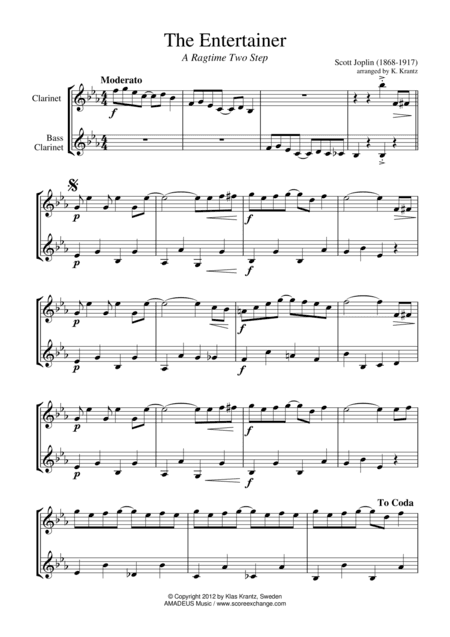 The Entertainer, Ragtime (easy, abridged) for clarinet duet (bass) (arr. K. Krantz)