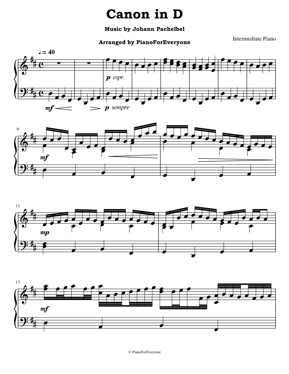 Canon in D - Pachelbel (Intermediate Piano) (arr. PianoForEveryone)