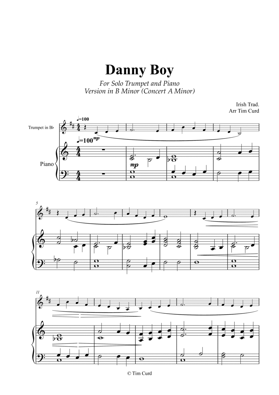 Danny Boy for Solo Trumpet in Bb and Piano. B Minor Version (Concert A Minor) (arr. Tim Curd)