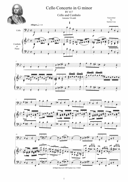 Vivaldi - Cello Concerto in G minor RV 417 for Cello and Cembalo (or Piano) (arr. Santino Cara)