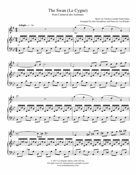 The Swan (Carnival of the Animals), Charles-Camille Saint-Saëns - arr.  for Alto Saxophone and Piano (arr. Len Rhodes)