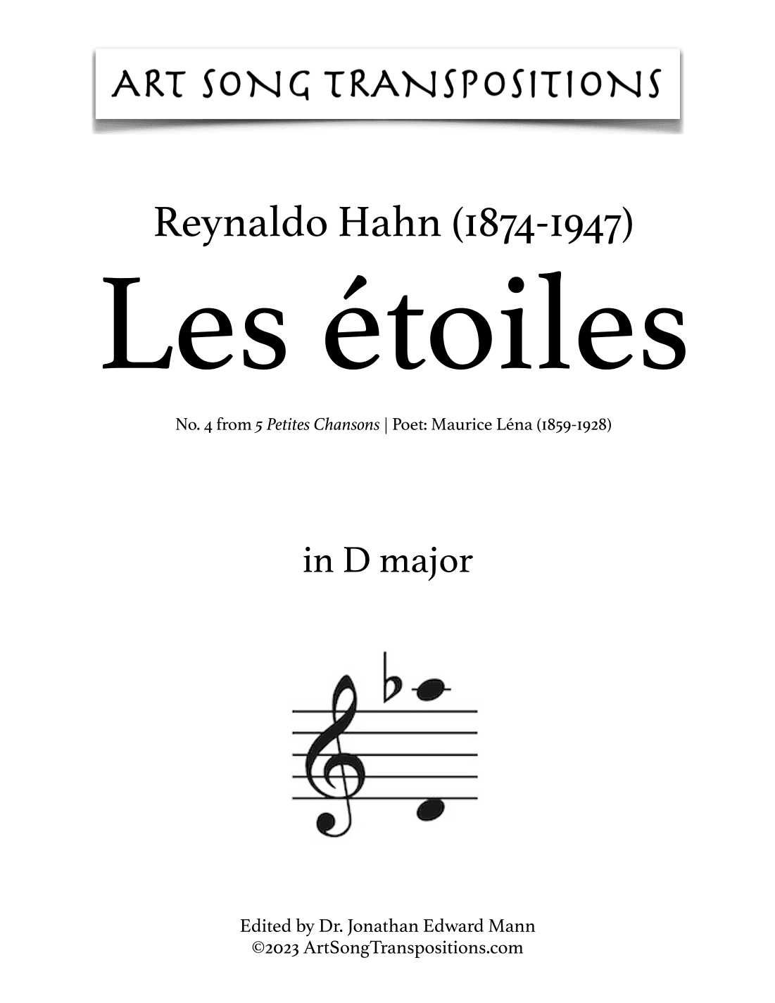 HAHN: Les étoiles (transposed to D major) (arr. ArtSongTranspositions.com)