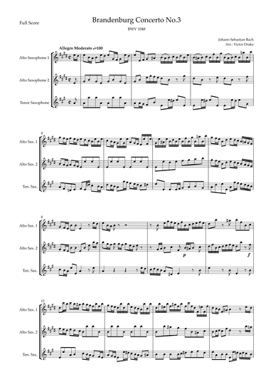 Brandenburg Concerto No. 3 in G major, BWV 1048 1st Mov. (J.S. Bach) for Saxophone Trio (arr. Victor Drake)
