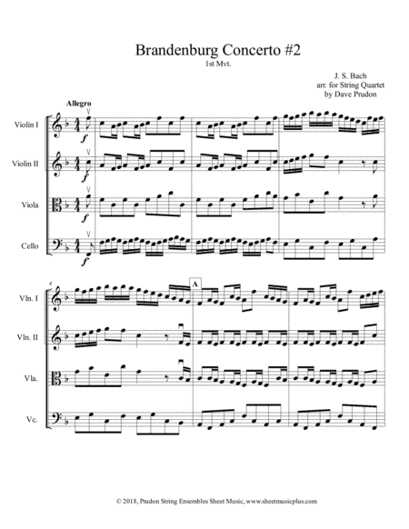 Brandenburg Concerto #2, 1st. Mvt. for String Quartet (arr. Dave Prudon)