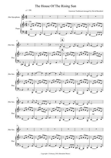 House Of The Rising Sun for Alto Saxophone and Piano (arr. David Burndrett)