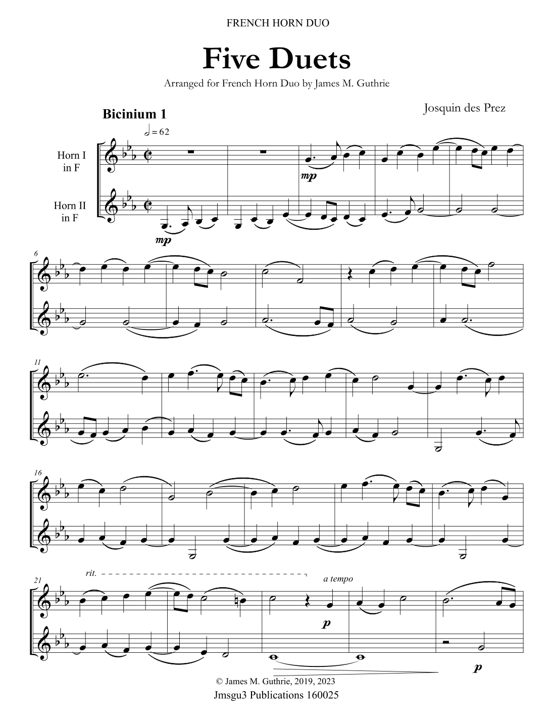 Josquin: Five Duets for French Horn Duo (arr. James M. Guthrie)