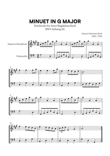 Minuet in G Major (BWV Anh. 116) (for Soprano Saxophone and Cello) (arr. Cadenza Editions)