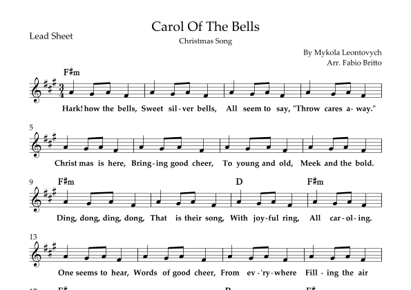 Carol Of The Bells (Christmas Song) Lead Sheet in A/F#m (arr. Fabio Britto)