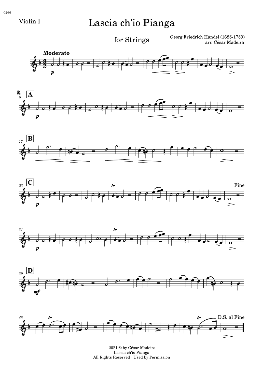 Lascia Ch'io Pianga - String Orchestra (Individual Parts) (arr. César Madeira)