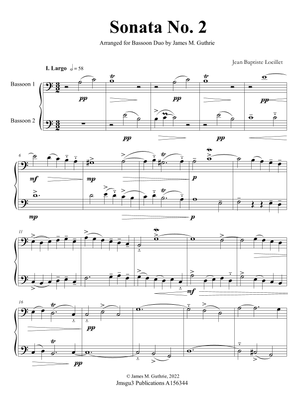 Loeillet: Sonata No. 2 for Bassoon Duo (arr. James M. Guthrie)