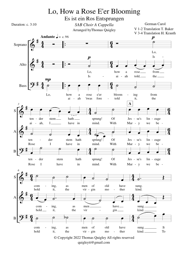 Lo, How a Rose E'er Blooming (SAB A Cappella) (arr. Thomas Quigley)