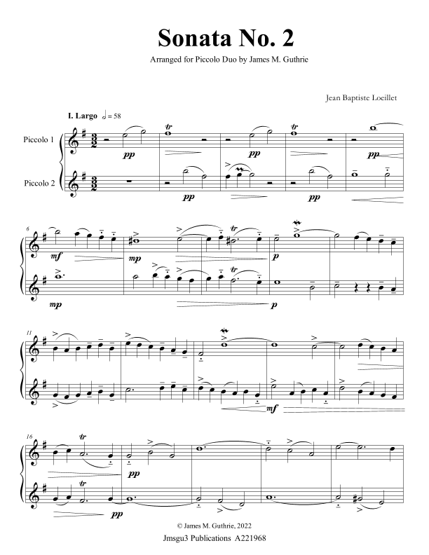 Loeillet: Sonata No. 2 for Piccolo Duo (arr. James M. Guthrie)