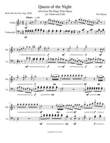 Queen of the Night aria from The Magic Flute opera. K.620 - WA Mozart (Violin & Cello) (arr. Peet du Toit)