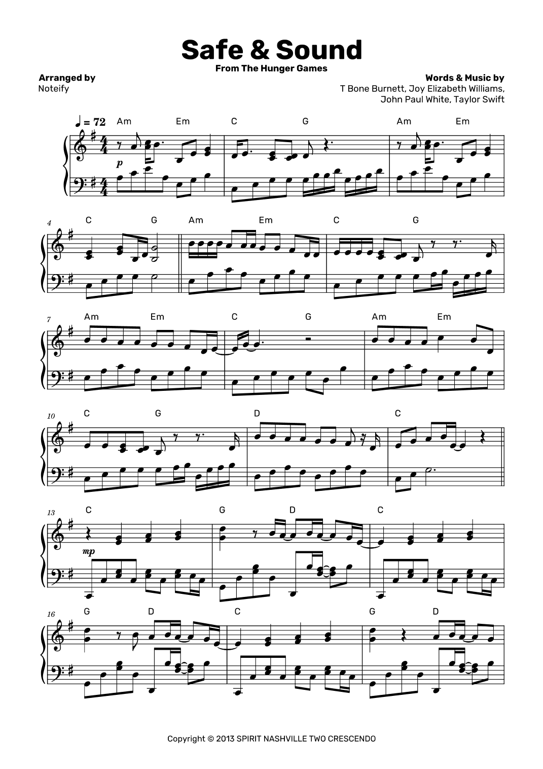 Safe And Sound (taylor's Version) (arr. Noteify)