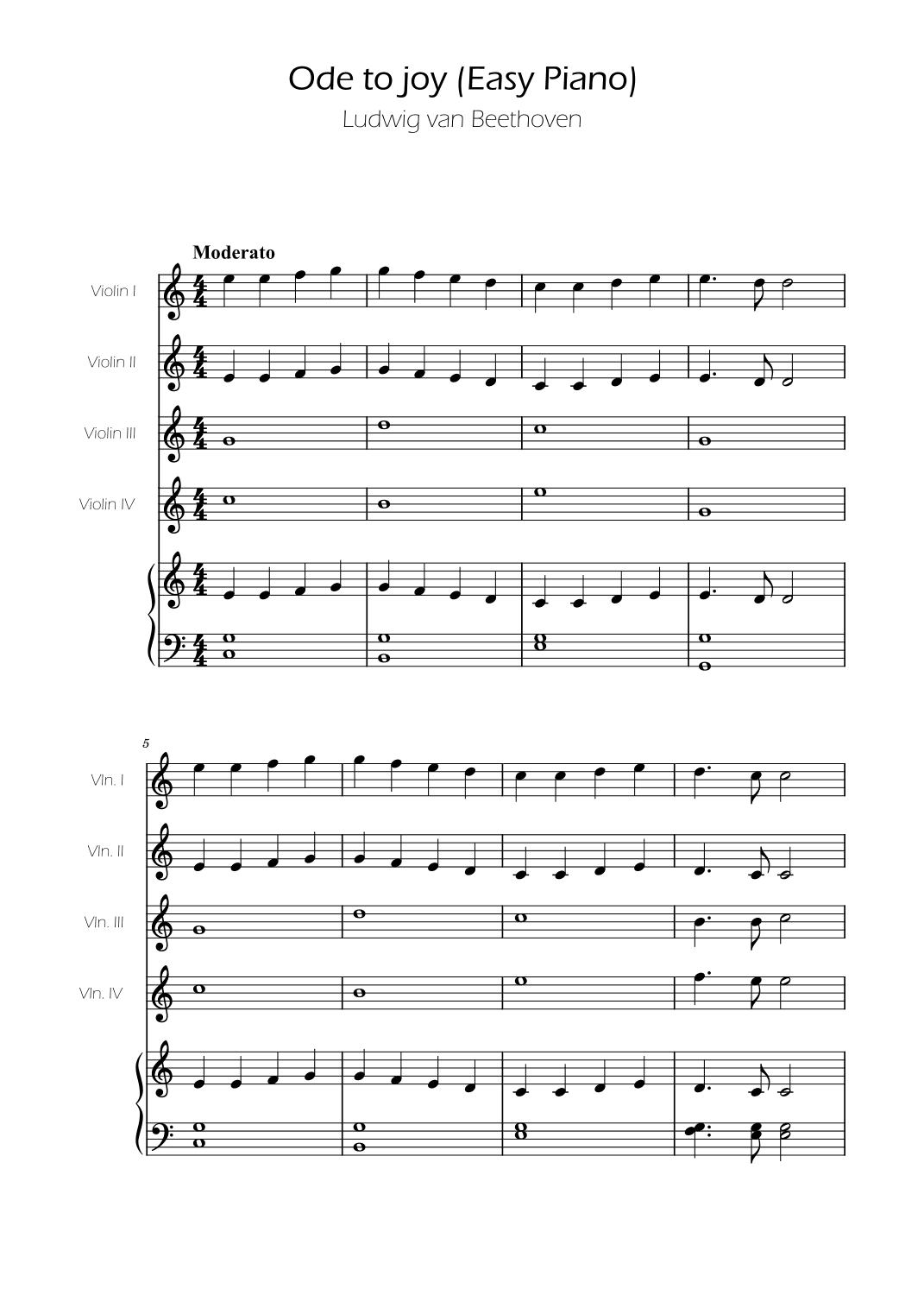 Ode To Joy - Easy Violin Quartet w/ Piano Accompaniment (arr. Ygor Nunes)