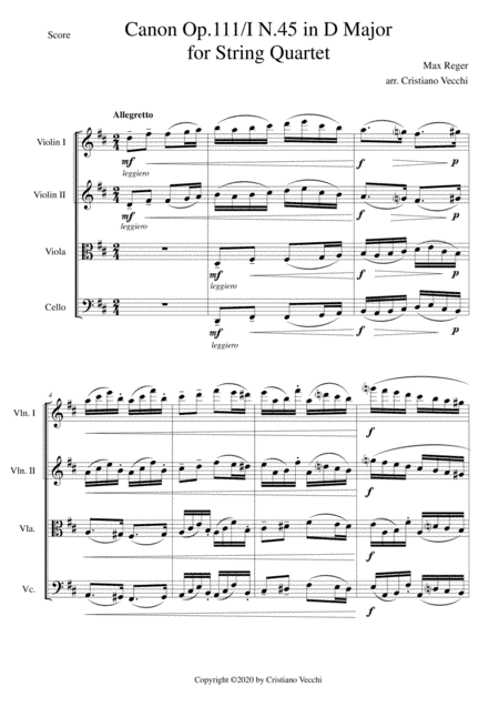 Canon Op.111/I N.45 in D Major for String Quartet (arr. Cristiano Vecchi)