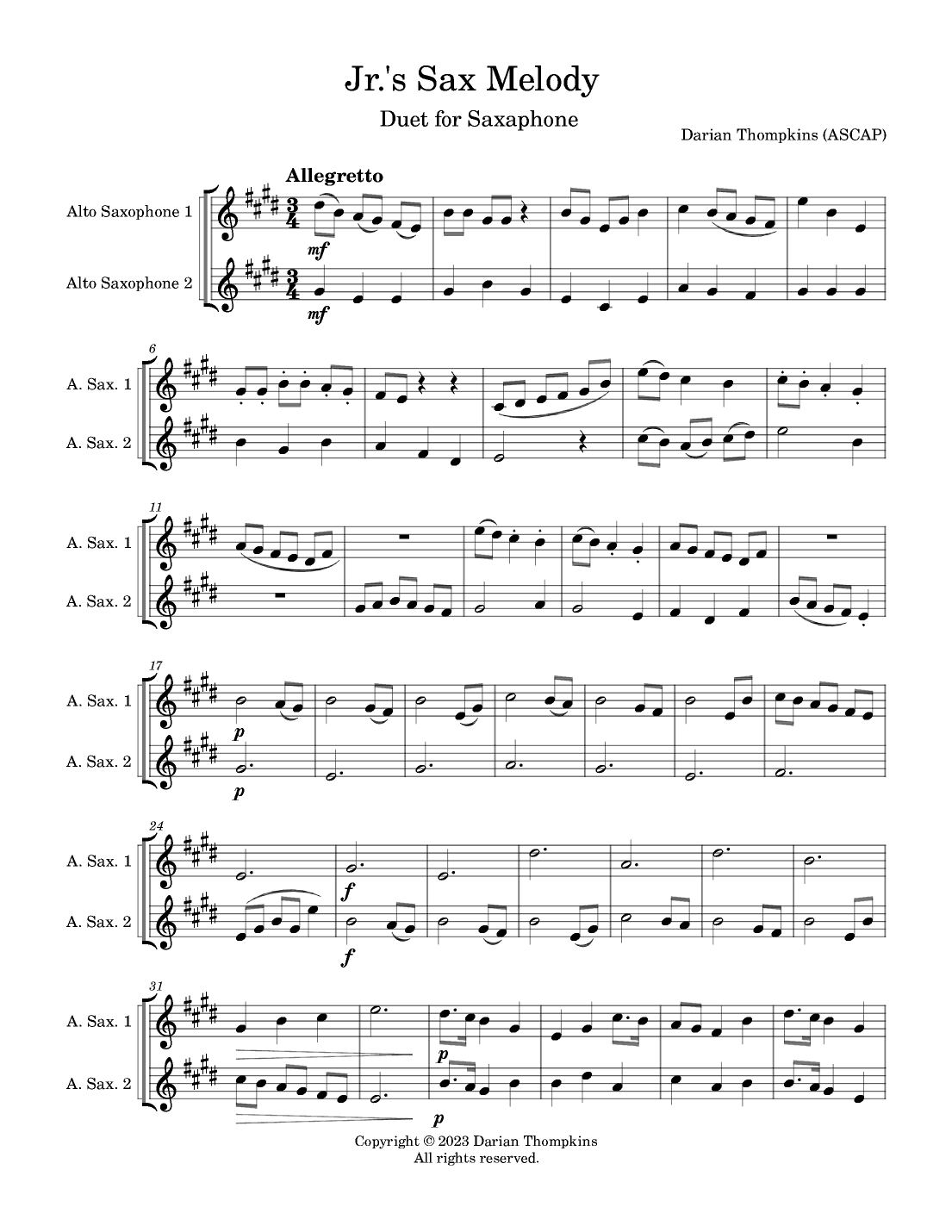 Jr.'s Sax Melody Duet for Alto Saxophone