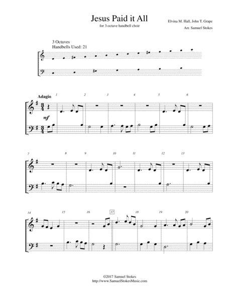 Jesus Paid it All - for 3-octave handbell choir (arr. Samuel Stokes)