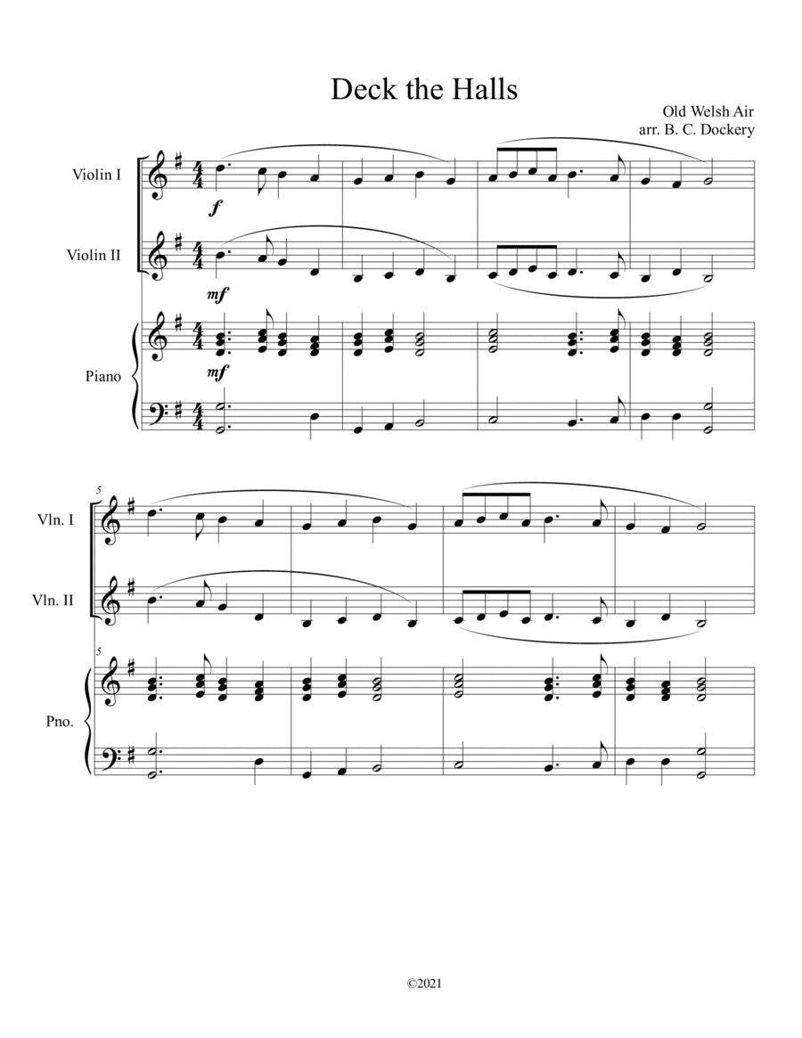 Deck the Halls (2 Violins and Piano) (arr. B. C. Dockery)