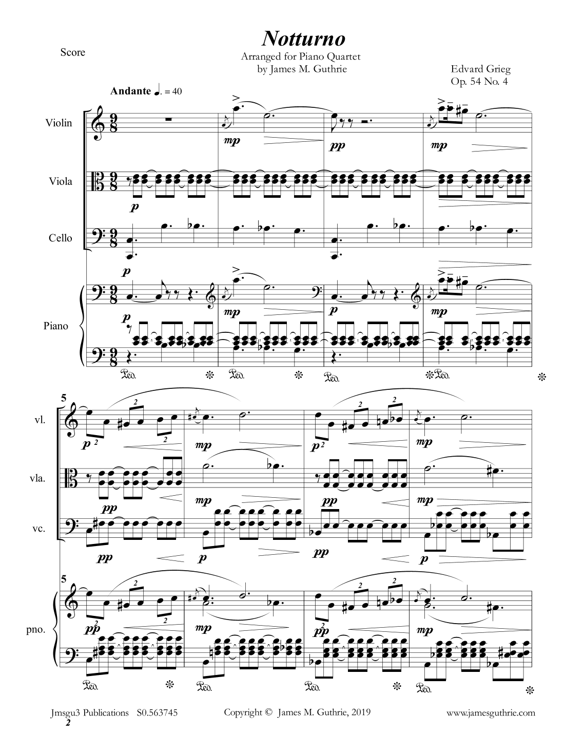 Grieg: Notturno Op. 54 No. 4 for Piano Quartet (arr. James M. Guthrie)