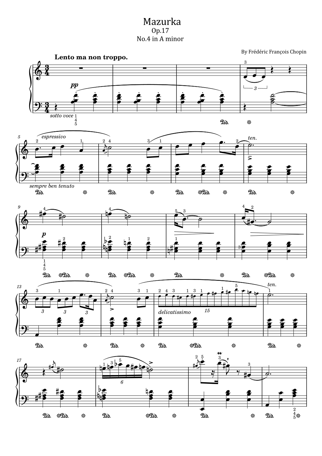 Chopin - Mazurka - Op.17 No.4 in A minor - Original With Fingered - For Piano Solo (arr. poon)