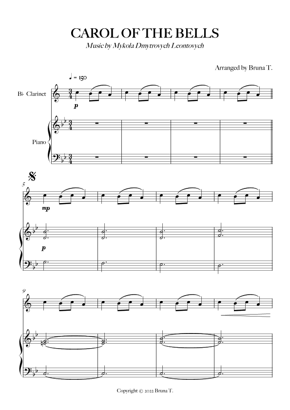Carol of The Bells (Piano and Clarinet) (arr. Bruna T.)