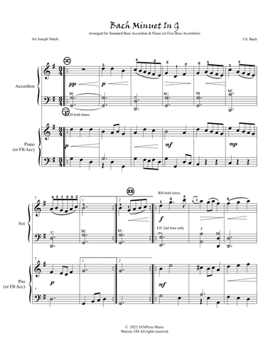 Bach Minuet In G Duet (for SB accordion & Piano or FB accordion) (arr. Joseph Natoli)