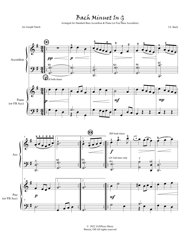 Bach Minuet In G Duet (for SB accordion & Piano or FB accordion) (arr. Joseph Natoli)