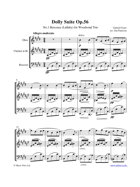 Gabriel Faure's Dolly Suite: No.1 Berceuse for Woodwind Trio (arr. Jim Paterson)