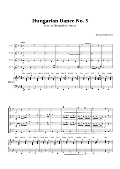 Hungarian Dance No. 5 by Brahms for Oboe Quartet and Piano with Chords (arr. Rika K.)