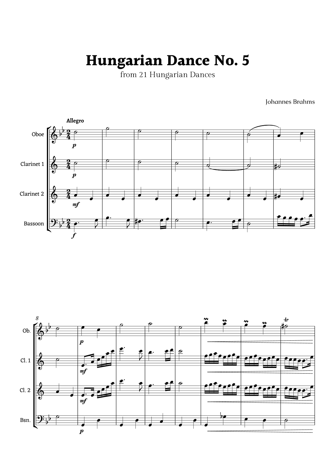 Hungarian Dance No. 5 by Brahms for Woodwinds Quartet (arr. Rika K.)