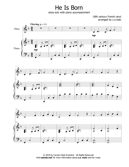 He Is Born - a Christmas duet for oboe and piano (arr. c.e. walz)