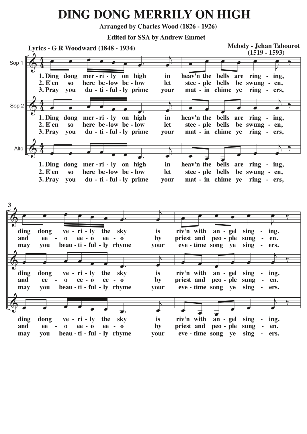 Ding Dong Merrily On High A Cappella SSA (arr. Arranged by Charles Wood (1826 - 1926) Edited for SSA by Andrew Emmet.)