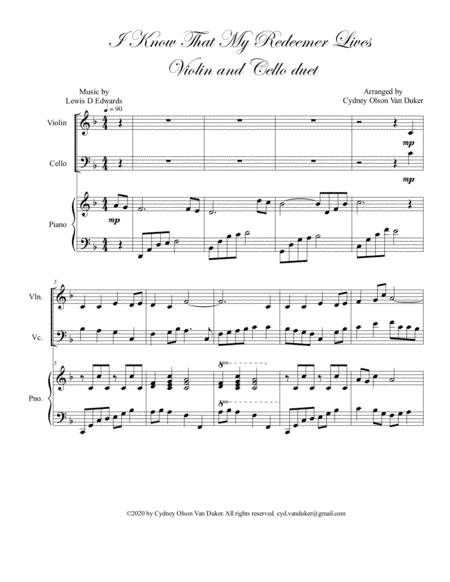 I Know That My Redeemer Lives  violin and  cello duet (arr. Cydney Olson Van Duker)