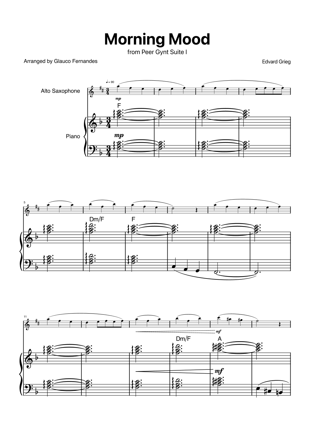 Morning Mood by Grieg for Alto Sax and Piano with Chords (arr. Glauco Fernandes)