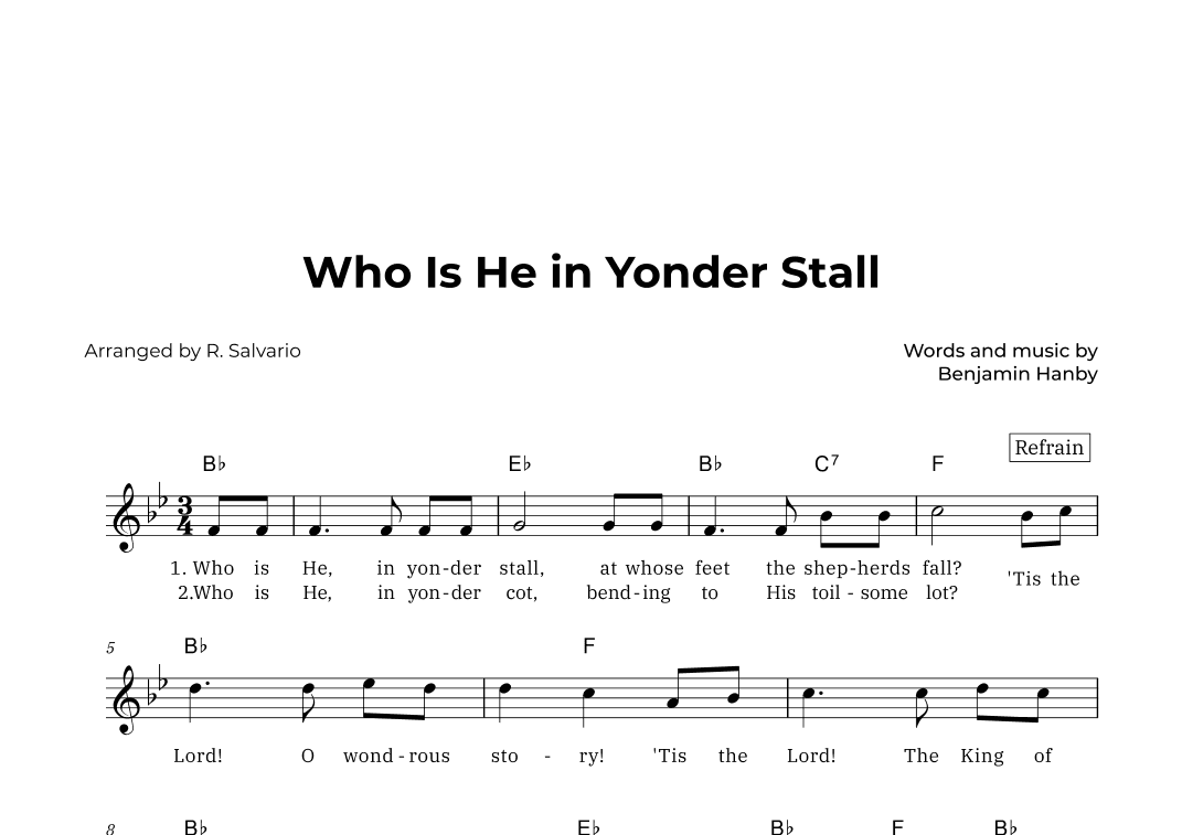Who Is He in Yonder Stall (Key of B-Flat Major) (arr. R. Salvario)