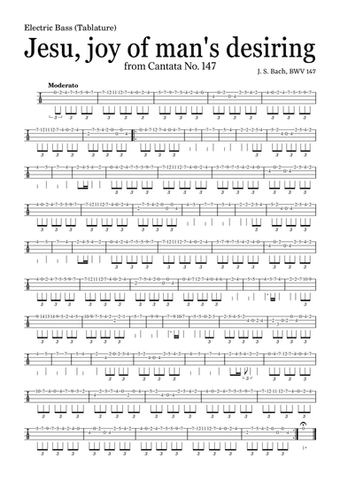 JESU, JOY OF MAN'S DESIRING by Bach - easy version for Electric Bass (Tablature) and piano with chor (arr. Leyandder Trustworthy)
