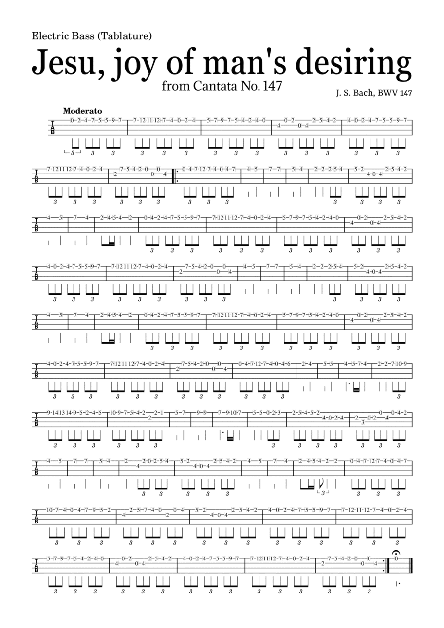 JESU, JOY OF MAN'S DESIRING by Bach - easy version for Electric Bass (Tablature) and piano with chor (arr. Leyandder Trustworthy)