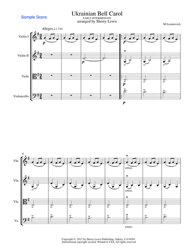 UKRAINIAN BELL CAROL (Carol of the Bells) - Early Intermediate -  STRING QUARTET of 2 violins, viola (arr. Sherry Lewis)