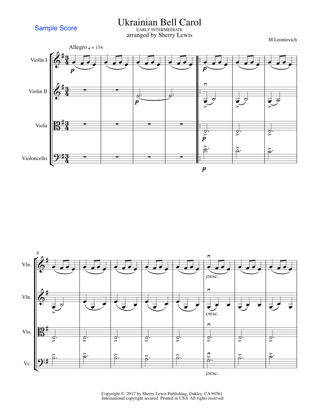 UKRAINIAN BELL CAROL (Carol of the Bells) - Early Intermediate -  STRING QUARTET of 2 violins, viola (arr. Sherry Lewis)