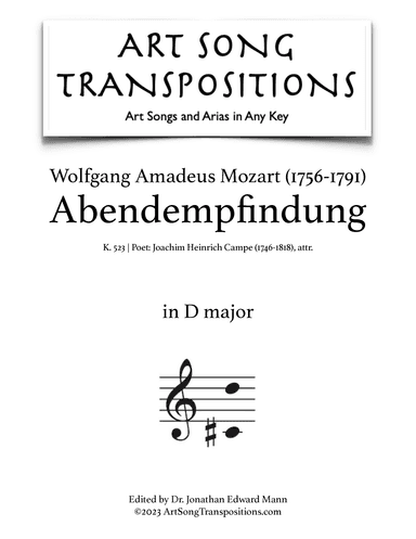 MOZART: Abendempfindung, K. 523 (transposed to D major) (arr. ArtSongTranspositions.com)