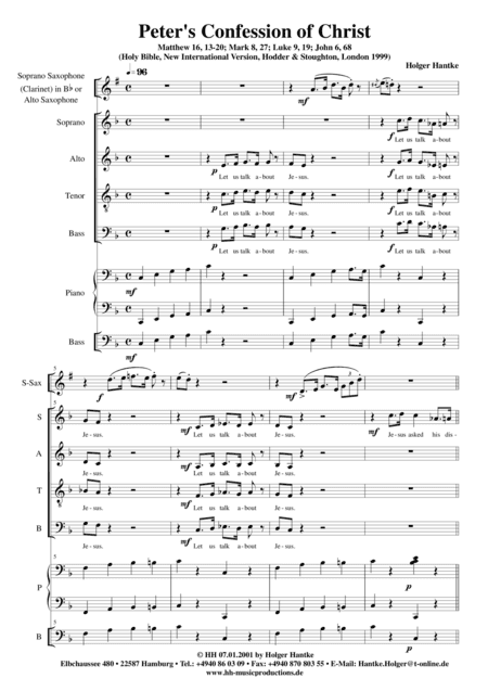 Peter's Confession of Christ. For SATB, Soprano Saxophone (Clarinet) or Alto Saxophone, Piano, Bass