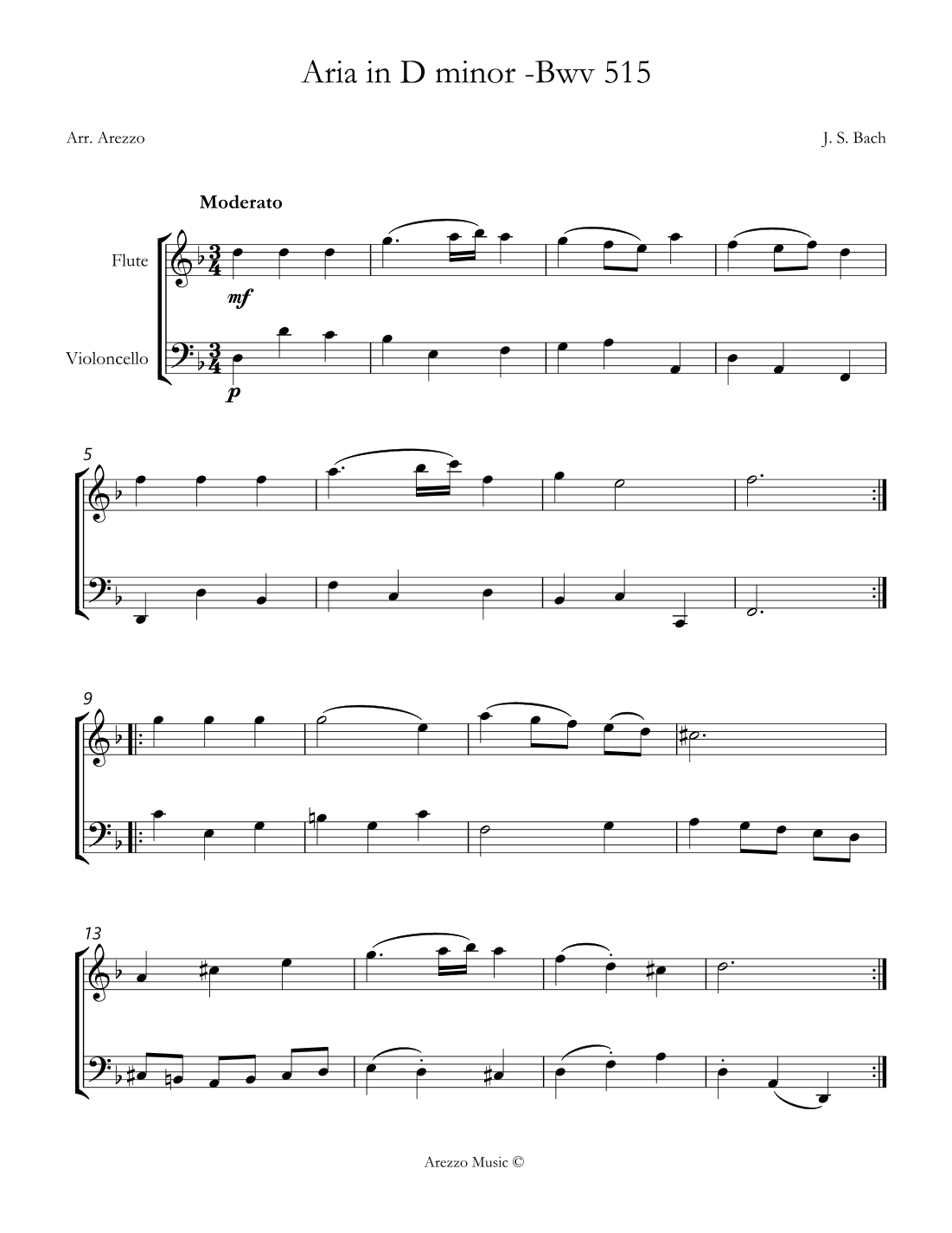 aria bwv 515 flute and cello sheet music (arr. Arezzo Music)