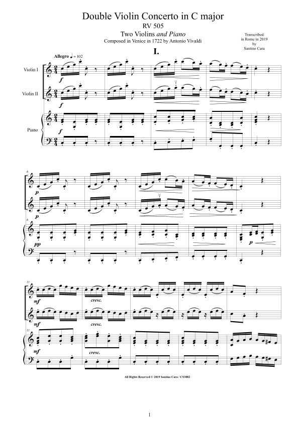 Vivaldi - Double Violin Concerto in C major RV 505 for Two Violins and Piano (arr. Santino Cara)
