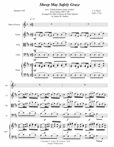 Bach: Sheep May Safely Graze for Oboe d'Amore & Piano Quartet (arr. James M. Guthrie, ASCAP)
