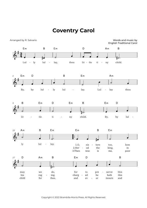 Coventry Carol (Key of E Minor) (arr. R. Salvario)