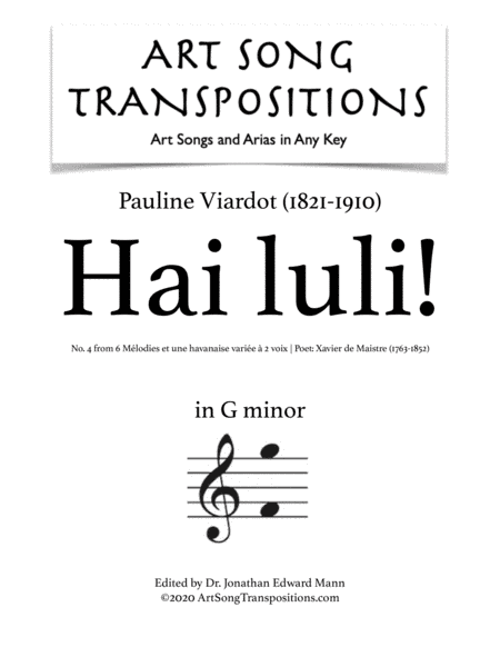 VIARDOT: Hai luli! (transposed to G minor) (arr. ArtSongTranspositions.com)