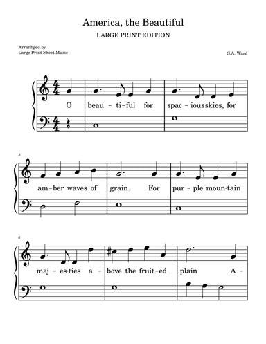America, The Beautiful LARGE PRINT EDITION O Beautiful For Spacious Skies Easy Piano Solo (arr. Large Print Sheet Music)