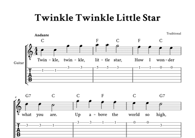 Twinkle Twinkle Little Star - Easy Guitar (C Major - with TAB, Lyrics, Chords) (arr. Yuri Noronha)