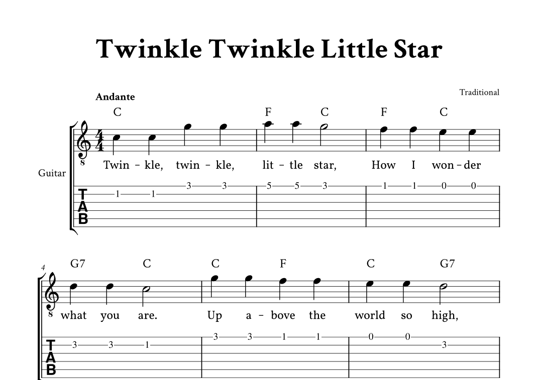 Twinkle Twinkle Little Star - Easy Guitar (C Major - with TAB, Lyrics, Chords) (arr. Yuri Noronha)